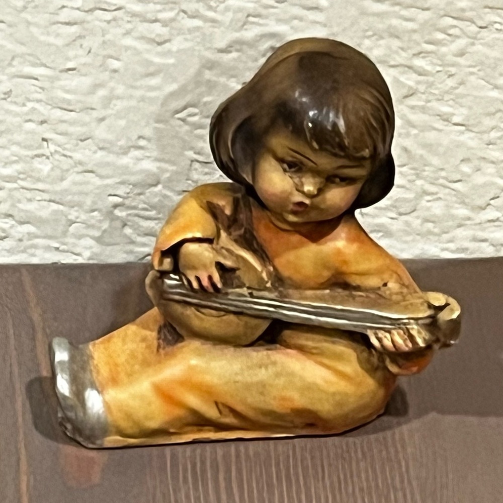 Italian Paper Mache Christmas Ornament 3” Child Playing Lute 60s/70s